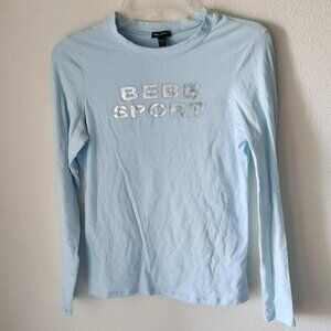 Bebe Rhinestone Long Sleeve Tee    Light Blue Size L